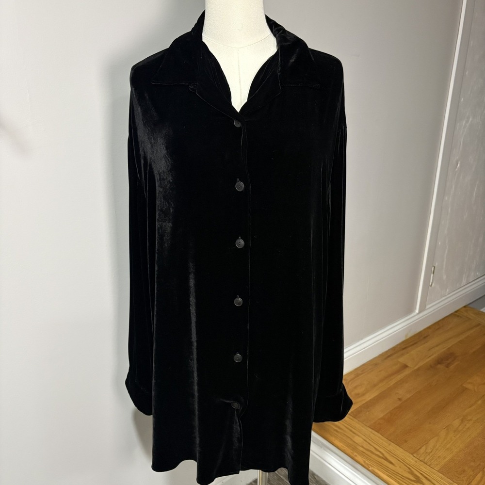 Eddie Bauer Black Velvet Silk Blend Long Sleeve Button Blouse Sz L Whimsigoth